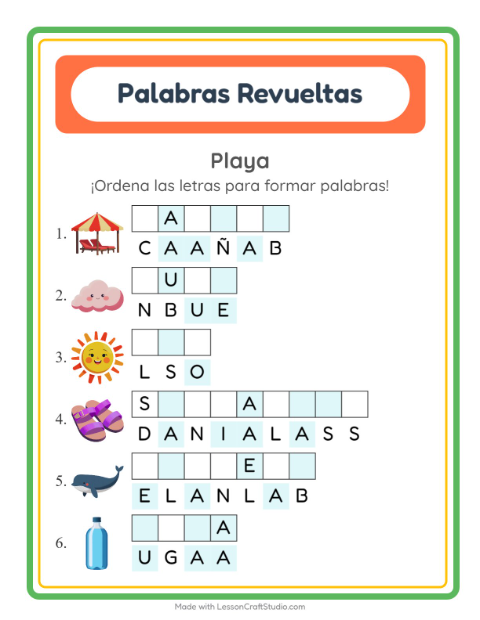Vista previa de la hoja de Letras Revueltas con Playa para grado 1