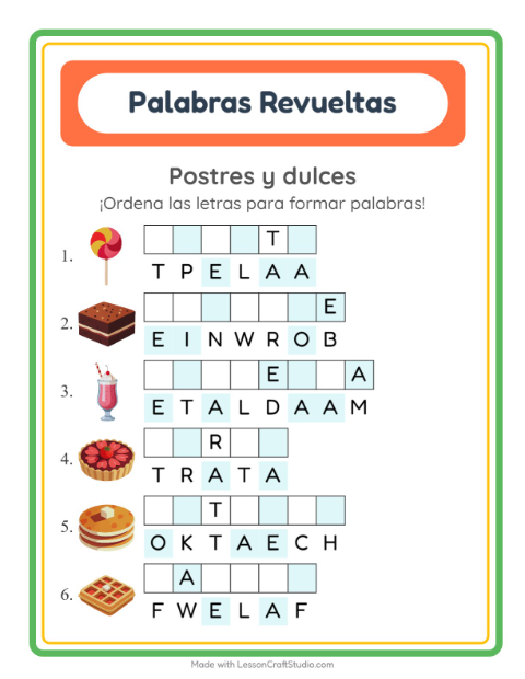 Vista previa de la hoja de Letras Revueltas con Postres y dulces para grado 1