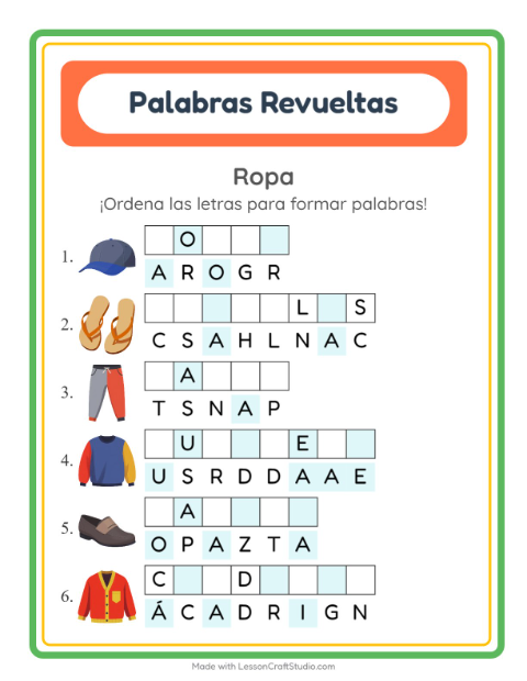 Vista previa de la hoja de Letras Revueltas con Ropa para grado 1