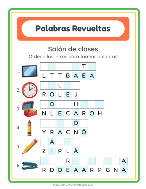 Vista previa de la hoja de Letras Revueltas con Salón de clases para grado 1