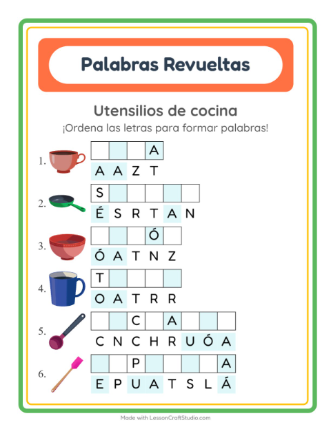 Vista previa de la hoja de Letras Revueltas con Utensilios de cocina para grado 1