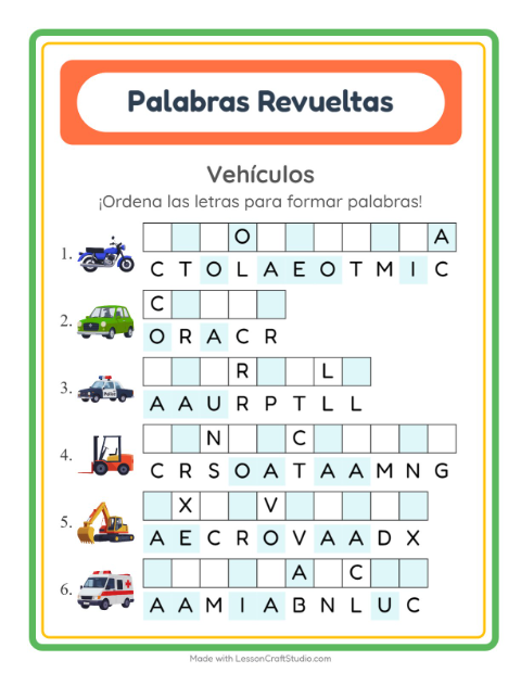 Vista previa de la hoja de Letras Revueltas con Vehículos para grado 1
