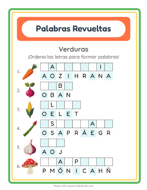 Vista previa de la hoja de Letras Revueltas con Verduras para grado 1