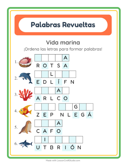 Vista previa de la hoja de Letras Revueltas con Vida marina para grado 1
