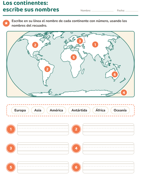 Los continentes: escribe el nombre de cada uno en el mapa del mundo