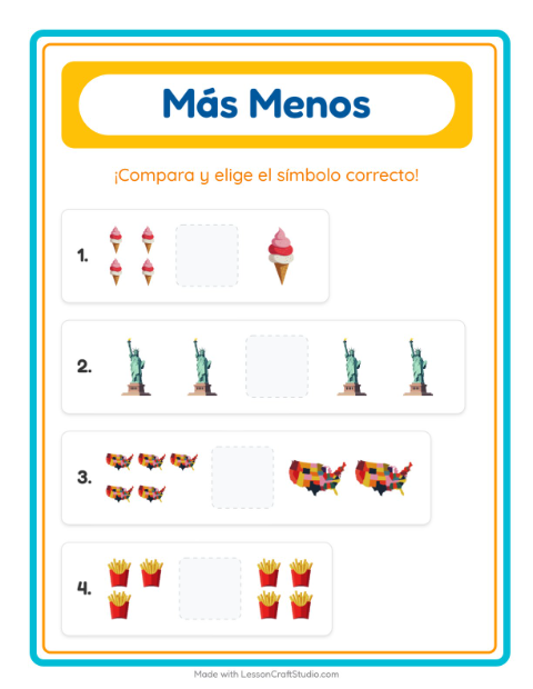 Vista previa de la hoja de Más O Menos con 4 de Julio para preescolar