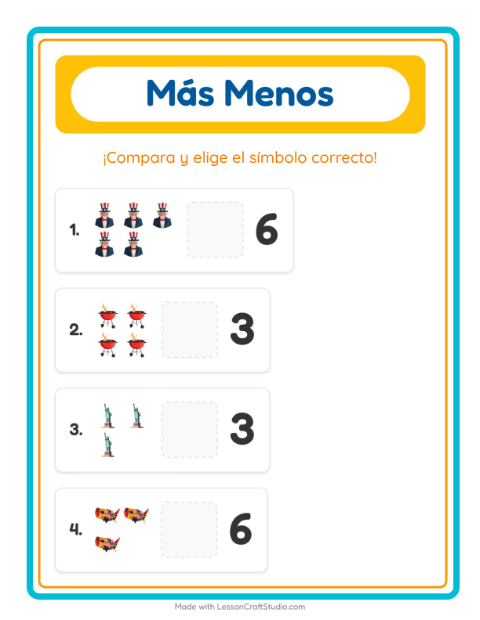 Vista previa de la hoja de Más O Menos con 4 de Julio para preescolar