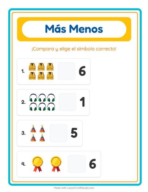 Vista previa de la hoja de Más O Menos con Accesorios para preescolar