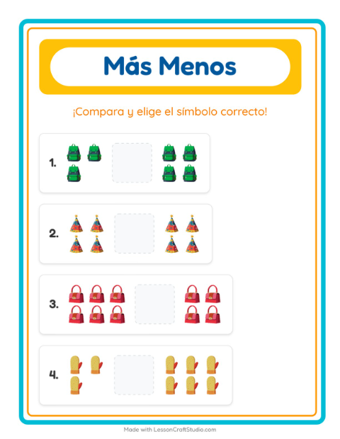 Vista previa de la hoja de Más O Menos con Accesorios para preescolar