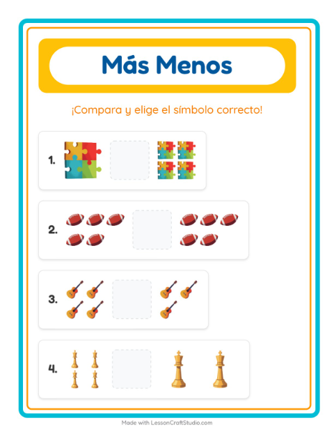 Vista previa de la hoja de Más O Menos con Actividades para preescolar