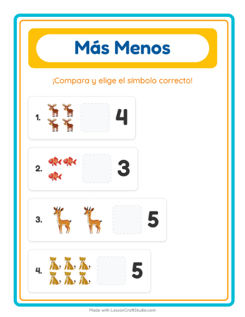Vista previa de la hoja de Más O Menos con Animales para preescolar