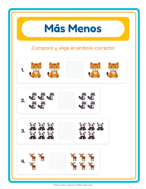 Vista previa de la hoja de Más O Menos con Animales para preescolar