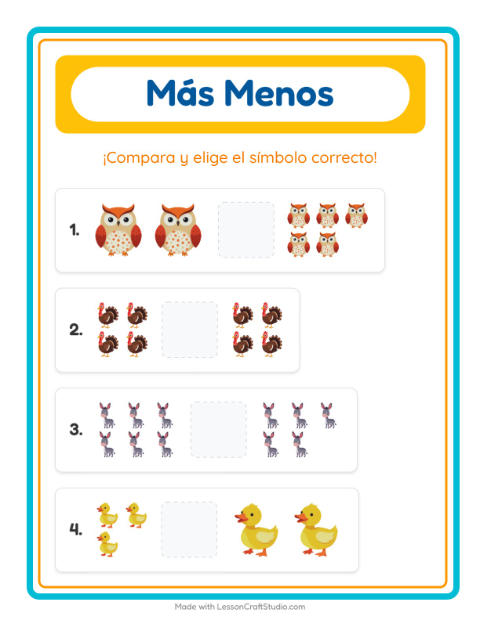 Vista previa de la hoja de Más O Menos con Animales de granja para preescolar
