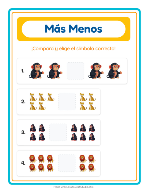 Vista previa de la hoja de Más O Menos con Animales del zoológico para preescolar