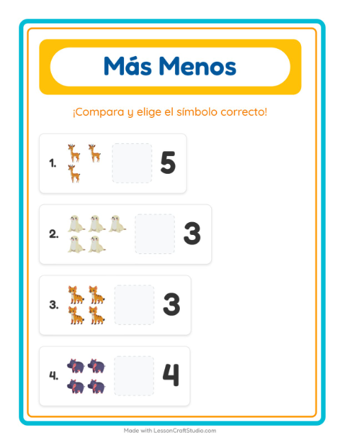 Vista previa de la hoja de Más O Menos con Animales del zoológico para preescolar