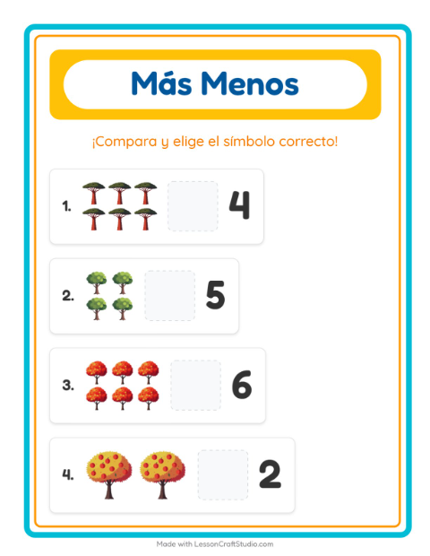 Vista previa de la hoja de Más O Menos con Árboles para preescolar