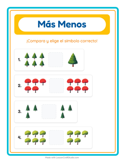 Vista previa de la hoja de Más O Menos con Árboles para preescolar