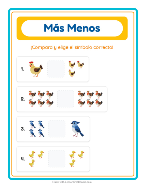 Vista previa de la hoja de Más O Menos con Aves 2 para preescolar