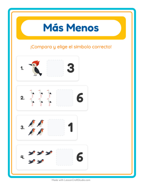 Vista previa de la hoja de Más O Menos con Aves 2 para preescolar