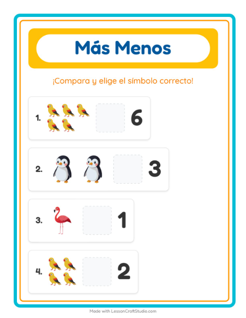 Vista previa de la hoja de Más O Menos con Aves para preescolar