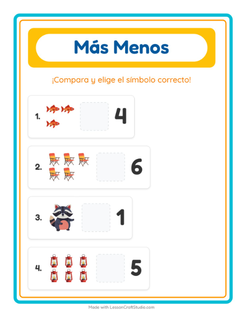 Vista previa de la hoja de Más O Menos con Campamento para preescolar
