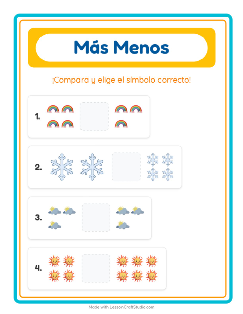 Vista previa de la hoja de Más O Menos con Clima para preescolar