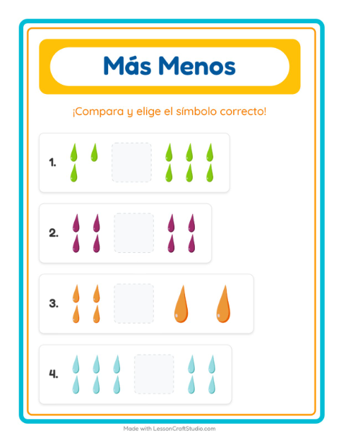 Vista previa de la hoja de Más O Menos con Colores para preescolar