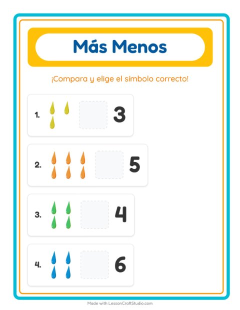 Vista previa de la hoja de Más O Menos con Colores para preescolar