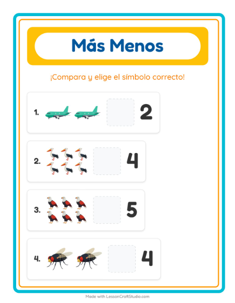 Vista previa de la hoja de Más O Menos con Cosas que vuelan para preescolar