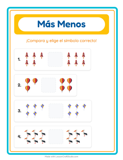 Vista previa de la hoja de Más O Menos con Cosas que vuelan para preescolar