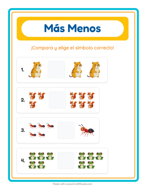 Vista previa de la hoja de Más O Menos con Criaturas del bosque para preescolar