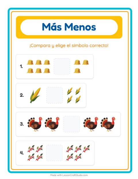 Vista previa de la hoja de Más O Menos con Día de Acción de Gracias para preescolar