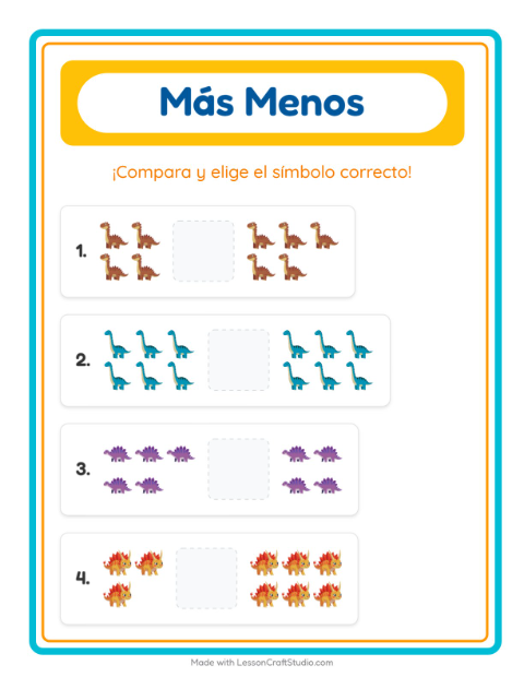 Vista previa de la hoja de Más O Menos con Dinosaurios para preescolar