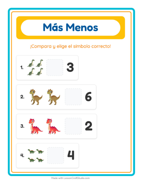 Vista previa de la hoja de Más O Menos con Dinosaurios para preescolar