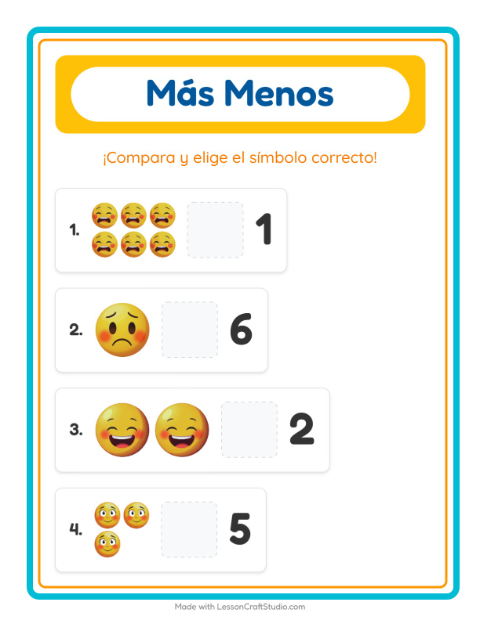 Vista previa de la hoja de Más O Menos con Emociones para preescolar