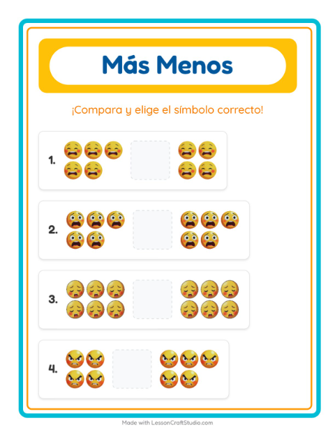 Vista previa de la hoja de Más O Menos con Emociones para preescolar