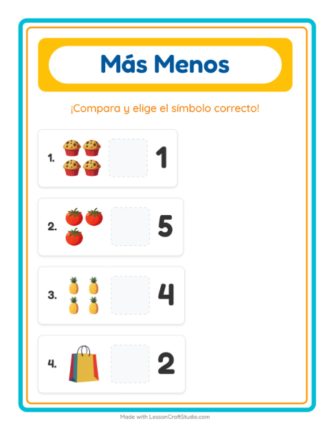 Vista previa de la hoja de Más O Menos con En el supermercado para preescolar