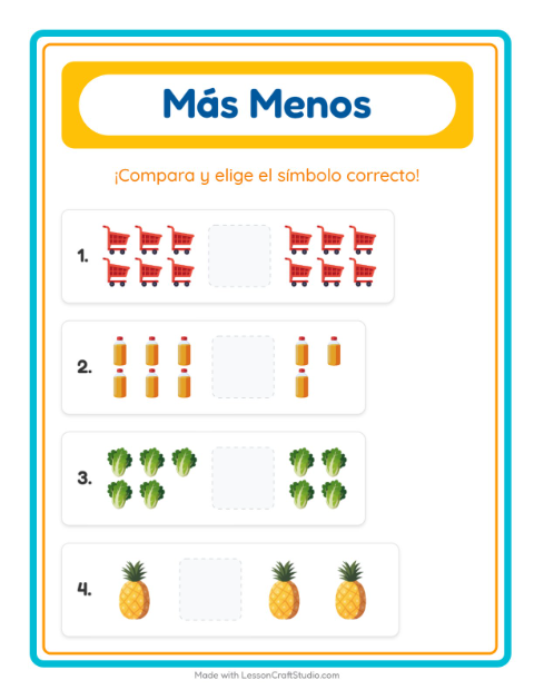 Vista previa de la hoja de Más O Menos con En el supermercado para preescolar