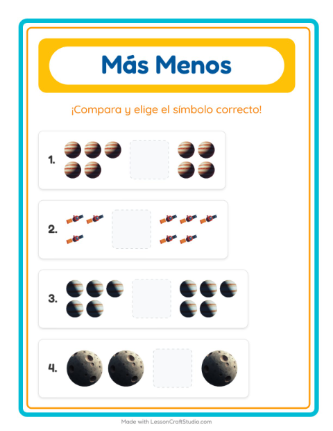 Vista previa de la hoja de Más O Menos con Espacio para preescolar