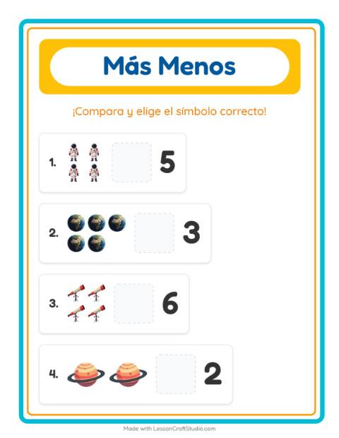 Vista previa de la hoja de Más O Menos con Espacio para preescolar