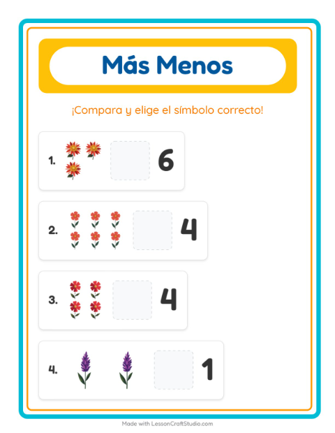 Vista previa de la hoja de Más O Menos con Flores para preescolar