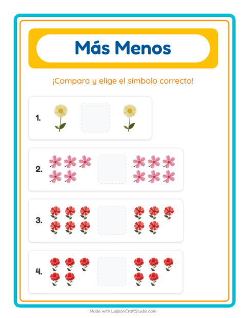 Vista previa de la hoja de Más O Menos con Flores para preescolar