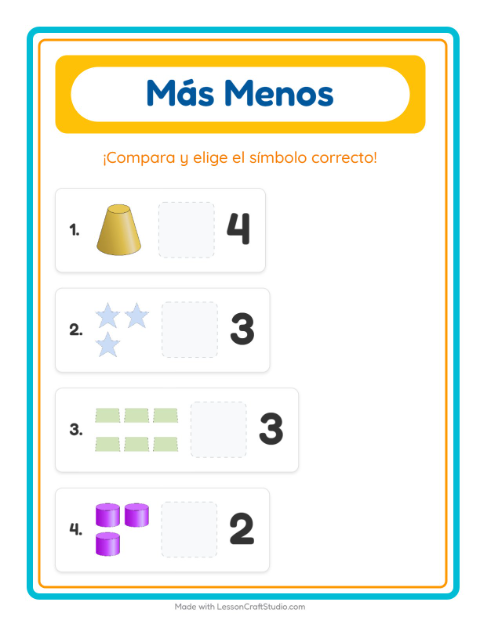 Vista previa de la hoja de Más O Menos con Formas para preescolar