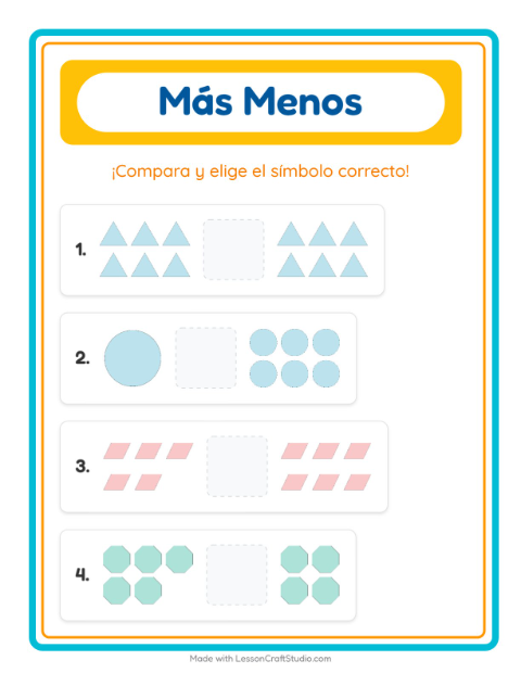 Vista previa de la hoja de Más O Menos con Formas para preescolar