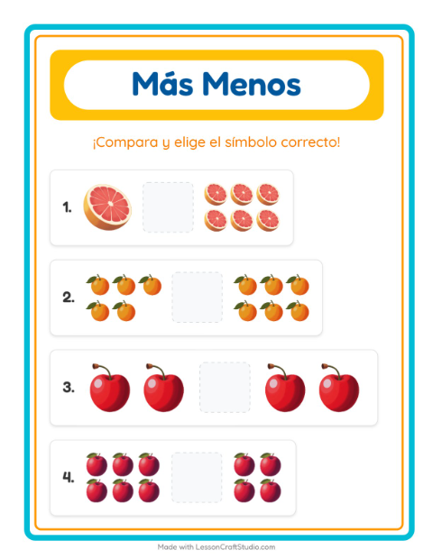 Vista previa de la hoja de Más O Menos con Frutas para preescolar