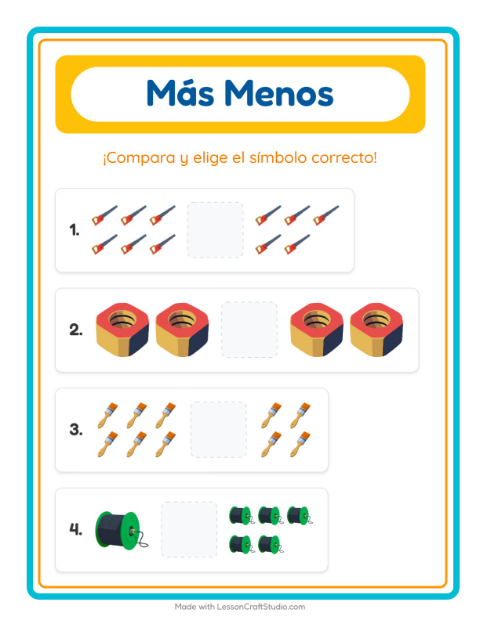 Vista previa de la hoja de Más O Menos con Herramientas para preescolar