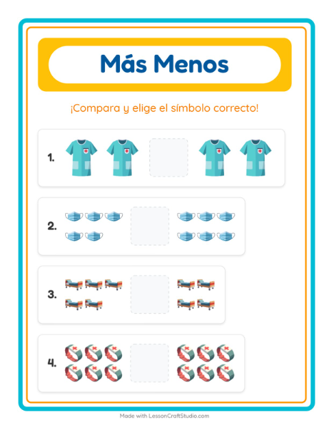 Vista previa de la hoja de Más O Menos con Hospital para preescolar