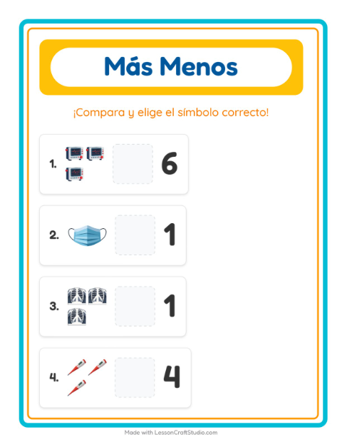 Vista previa de la hoja de Más O Menos con Hospital para preescolar