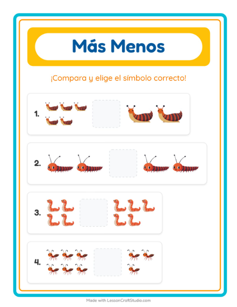 Vista previa de la hoja de Más O Menos con Insectos y bichos para preescolar