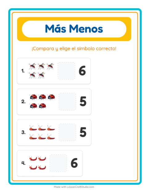 Vista previa de la hoja de Más O Menos con Insectos y bichos para preescolar